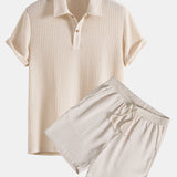 Knitted Waffle Polo Shirt & Waffle Drawstring Shorts Set