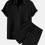 Knitted Waffle Polo Shirt & Waffle Drawstring Shorts Set