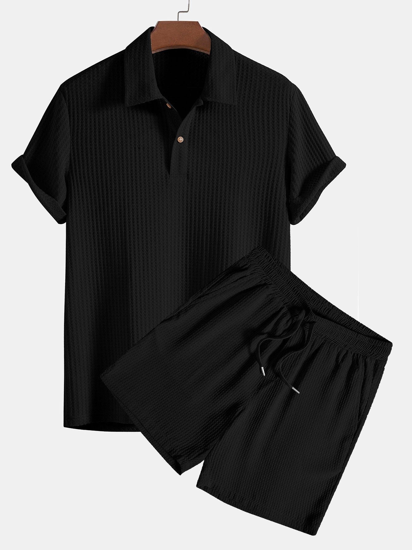 Knitted Waffle Polo Shirt & Waffle Drawstring Shorts Set