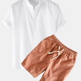 Linen Short Sleeve Shirt & Linen Cotton Blend Drawstring Shorts Set