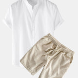 Linen Short Sleeve Shirt & Linen Cotton Blend Drawstring Shorts Set