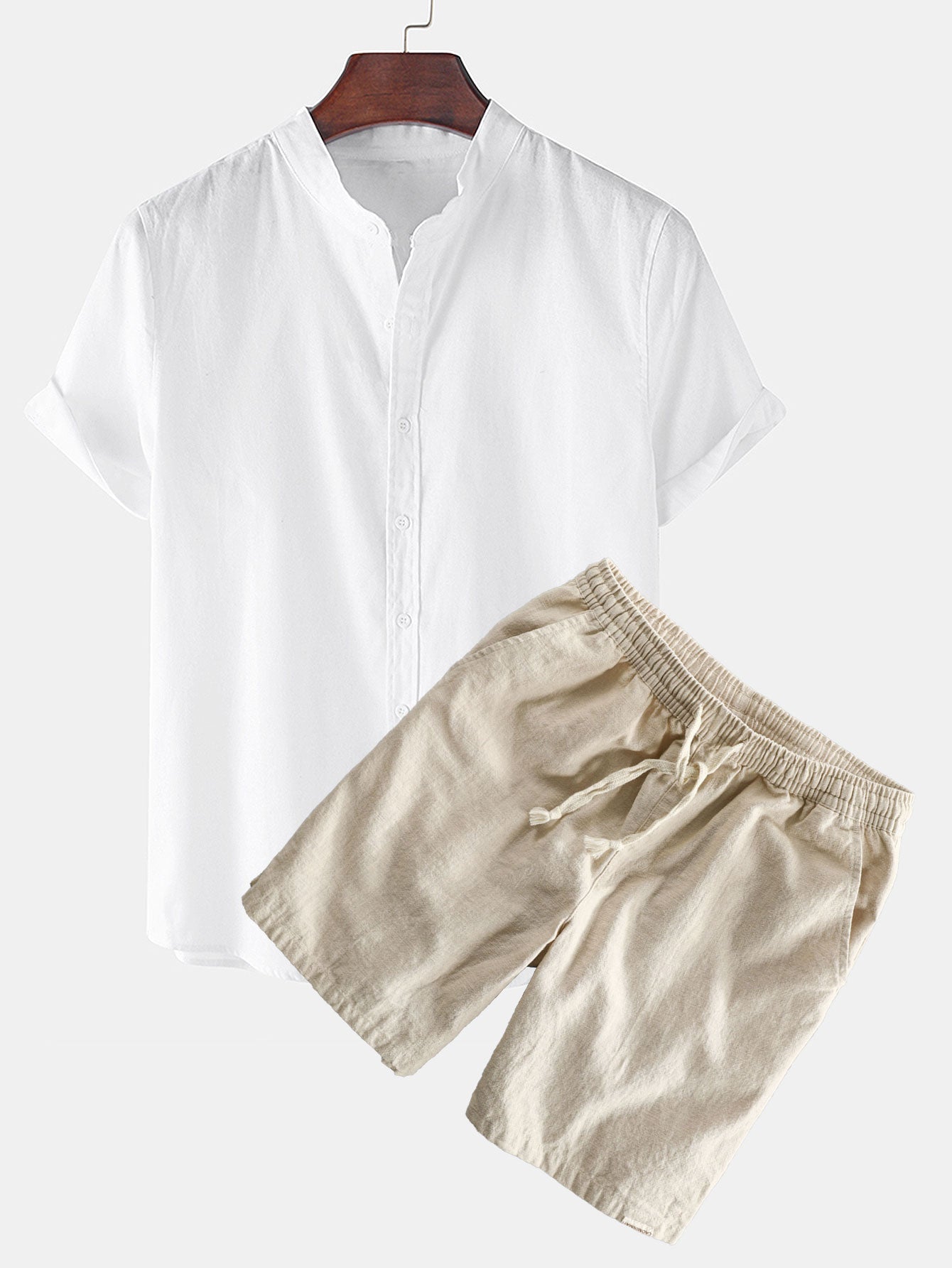 Linen Short Sleeve Shirt & Linen Cotton Blend Drawstring Shorts Set