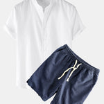 Linen Short Sleeve Shirt & Linen Cotton Blend Drawstring Shorts Set