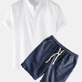 Linen Short Sleeve Shirt & Linen Cotton Blend Drawstring Shorts Set