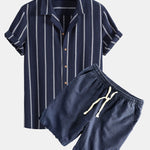 Cotton Blend Striped Cuban Shirt & Linen Cotton Blend Drawstring Shorts Set