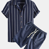 Cotton Blend Striped Cuban Shirt & Linen Cotton Blend Drawstring Shorts Set