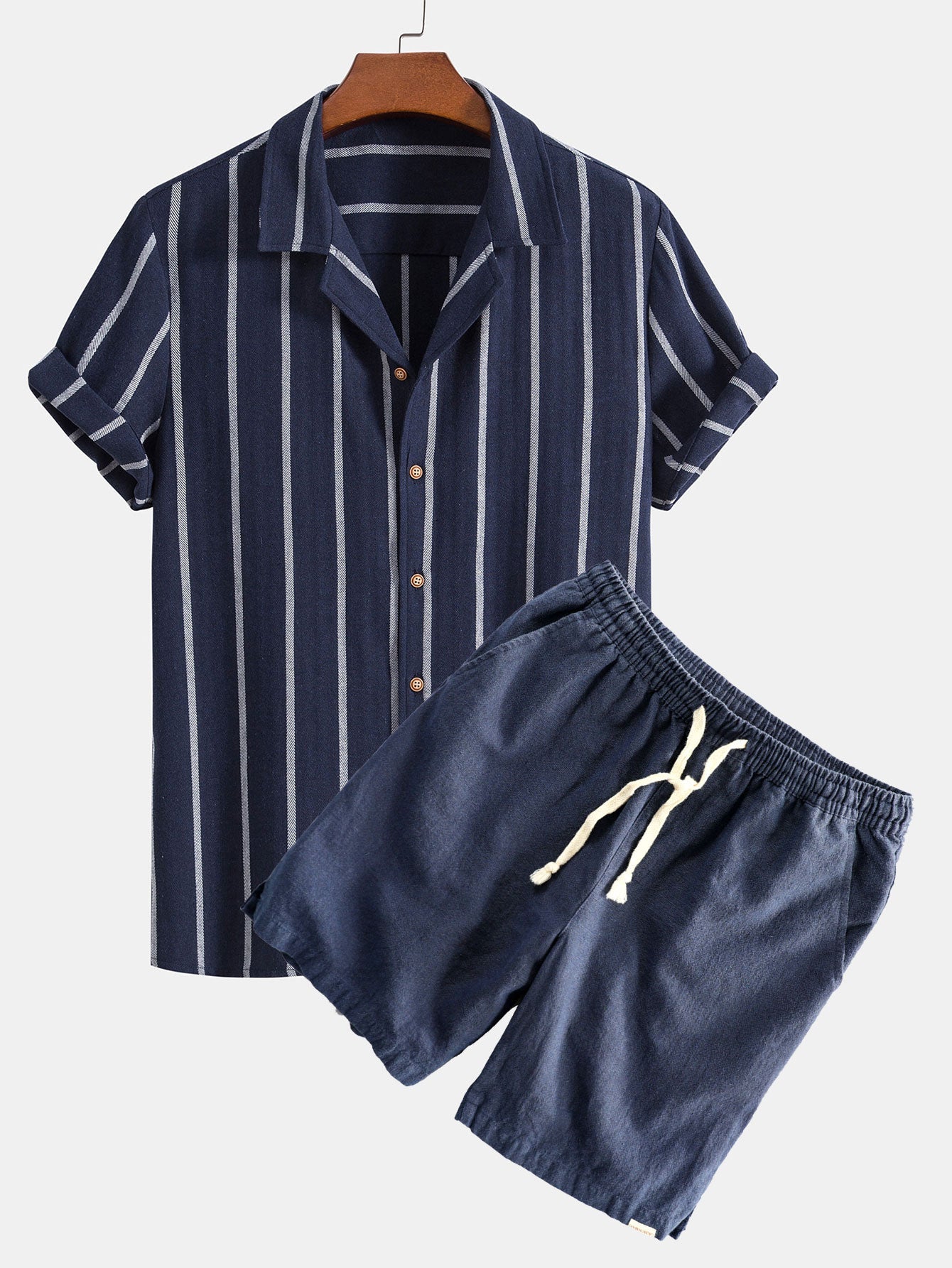 Cotton Blend Striped Cuban Shirt & Linen Cotton Blend Drawstring Shorts Set