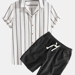Cotton Blend Striped Cuban Shirt & Linen Cotton Blend Drawstring Shorts Set