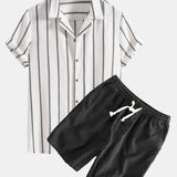 Cotton Blend Striped Cuban Shirt & Linen Cotton Blend Drawstring Shorts Set