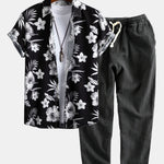 Tropical Floral Print Shirt & Linen Cotton Blend Cropped Pants Set