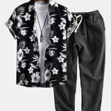 Tropical Floral Print Shirt & Linen Cotton Blend Cropped Pants Set