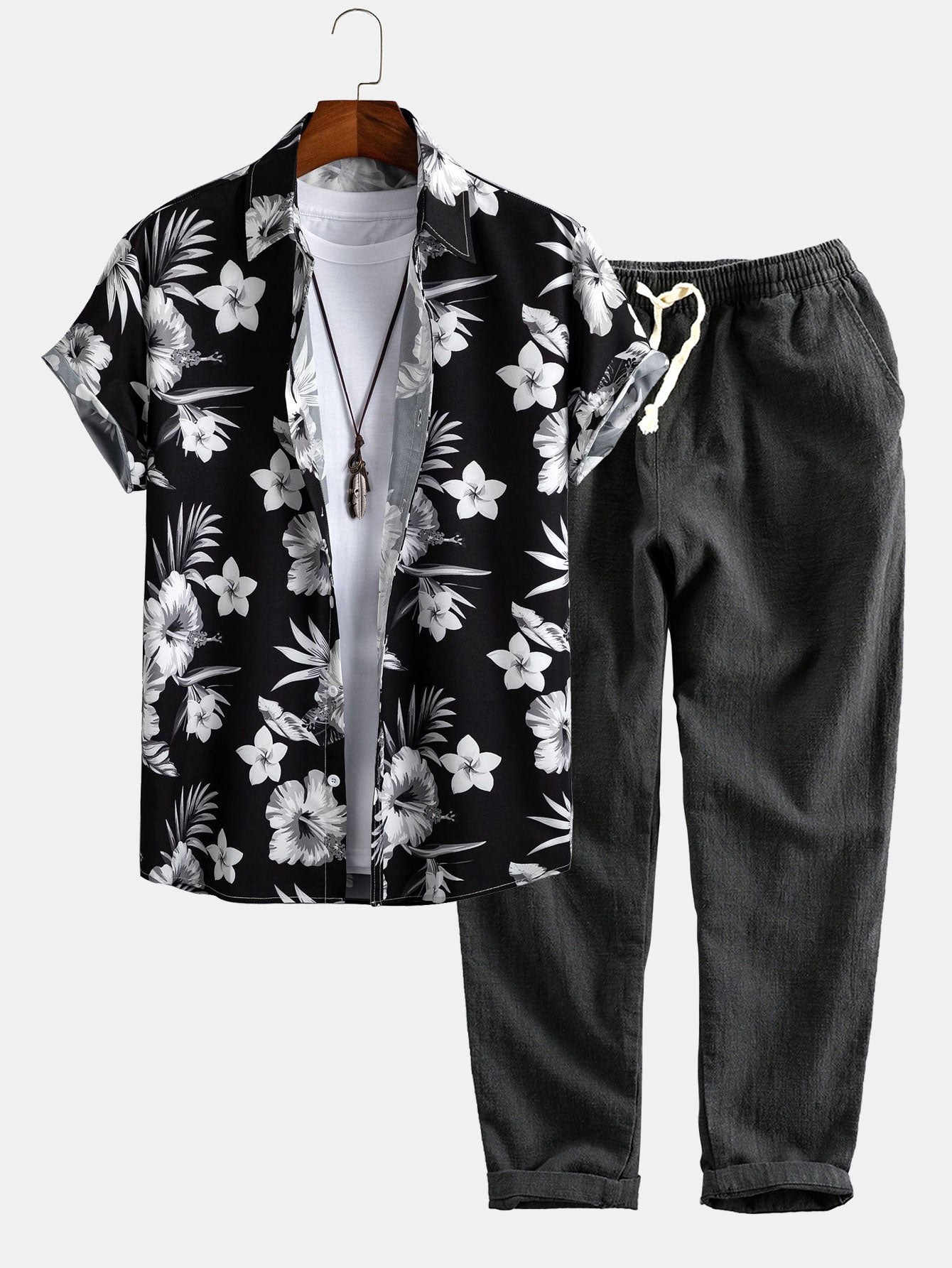 Tropical Floral Print Shirt & Linen Cotton Blend Cropped Pants Set