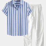 Striped Cotton Blend Shirt & Straight Leg Linen Pants Set