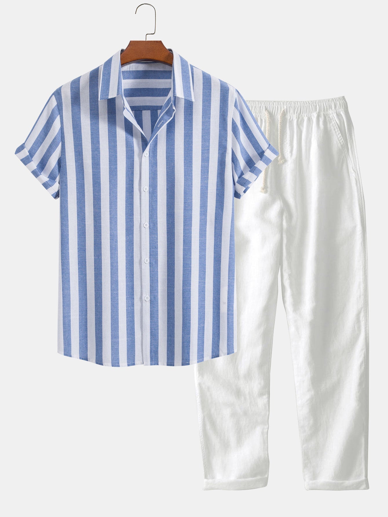 Striped Cotton Blend Shirt & Straight Leg Linen Pants Set