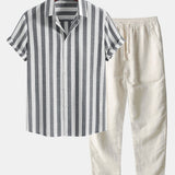 Striped Cotton Blend Shirt & Straight Leg Linen Pants Set