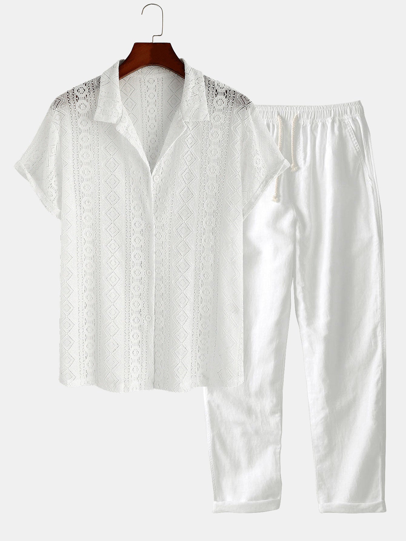 Geometry Textured Cuban Shirt & Straight Leg Linen Pants Set