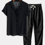 Geometry Textured Cuban Shirt & Straight Leg Linen Pants Set