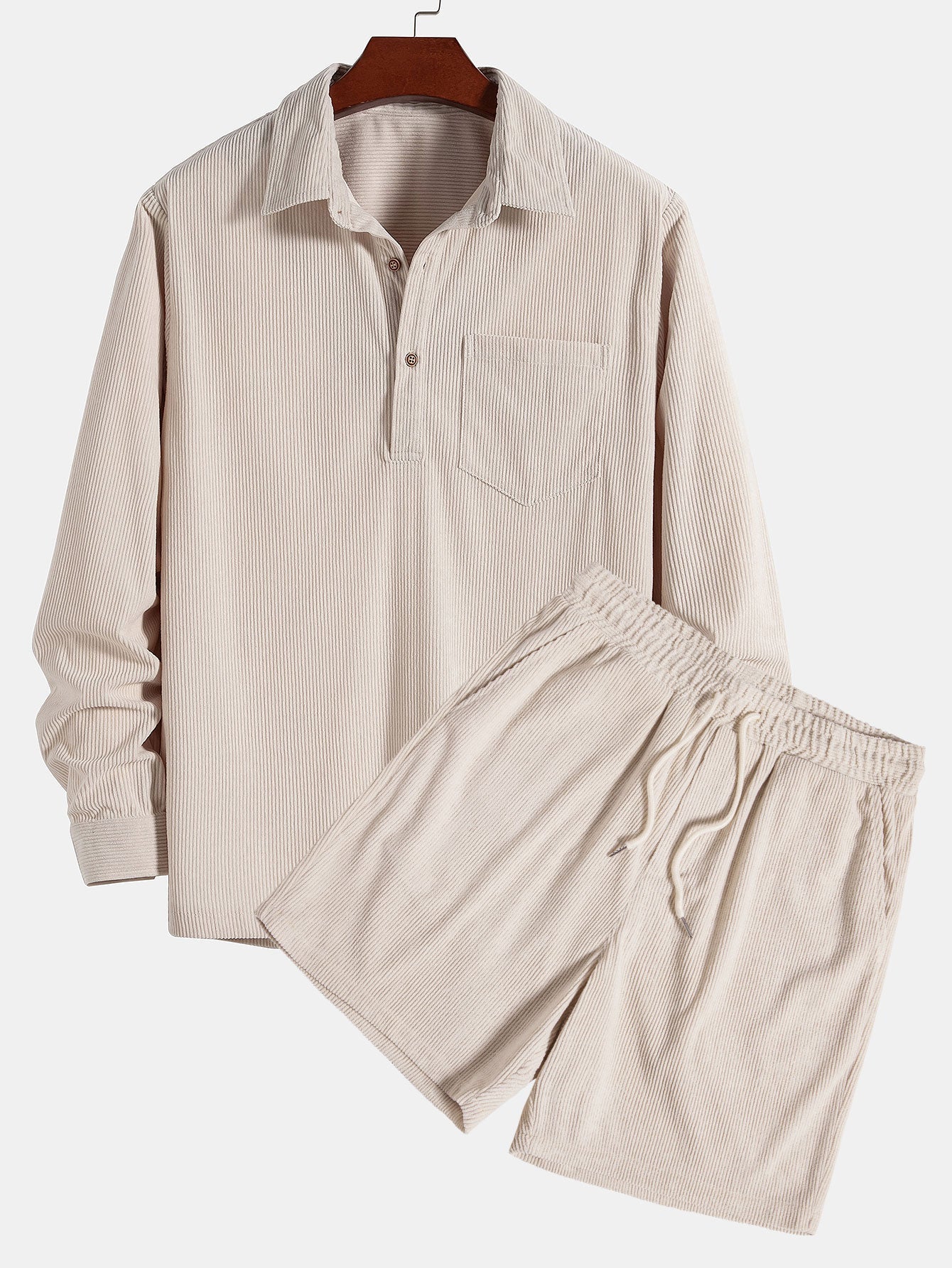 Long Sleeve Polo Neck Corduroy Shirt & Shorts Set