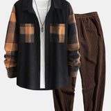 Plaid Corduroy Panel Shirt & Corduroy Jogger Pants Set