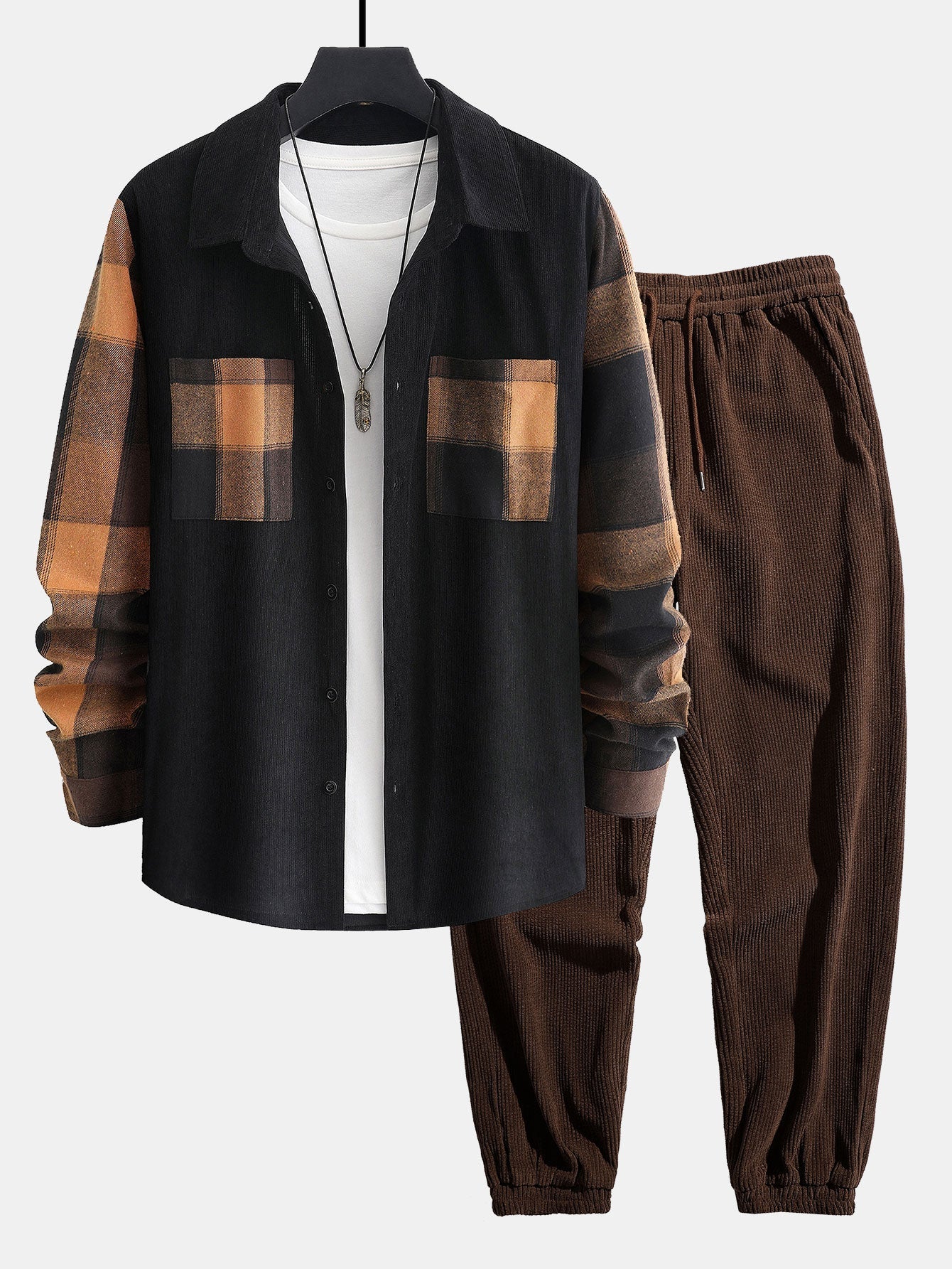 Plaid Corduroy Panel Shirt & Corduroy Jogger Pants Set