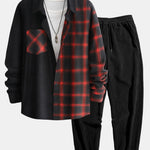 Long Sleeve Corduroy Plaid Panel Shirt & Corduroy Jogger Pants Set