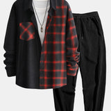 Long Sleeve Corduroy Plaid Panel Shirt & Corduroy Jogger Pants Set