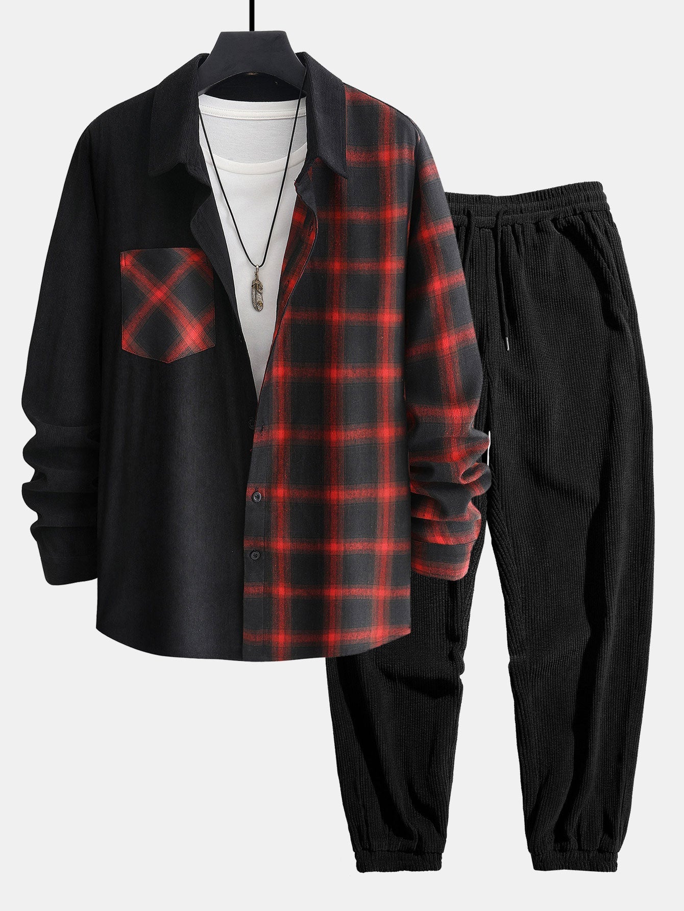 Long Sleeve Corduroy Plaid Panel Shirt & Corduroy Jogger Pants Set