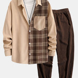 Plaid Corduroy Patchwork Shirt & Corduroy Jogger Pants Set