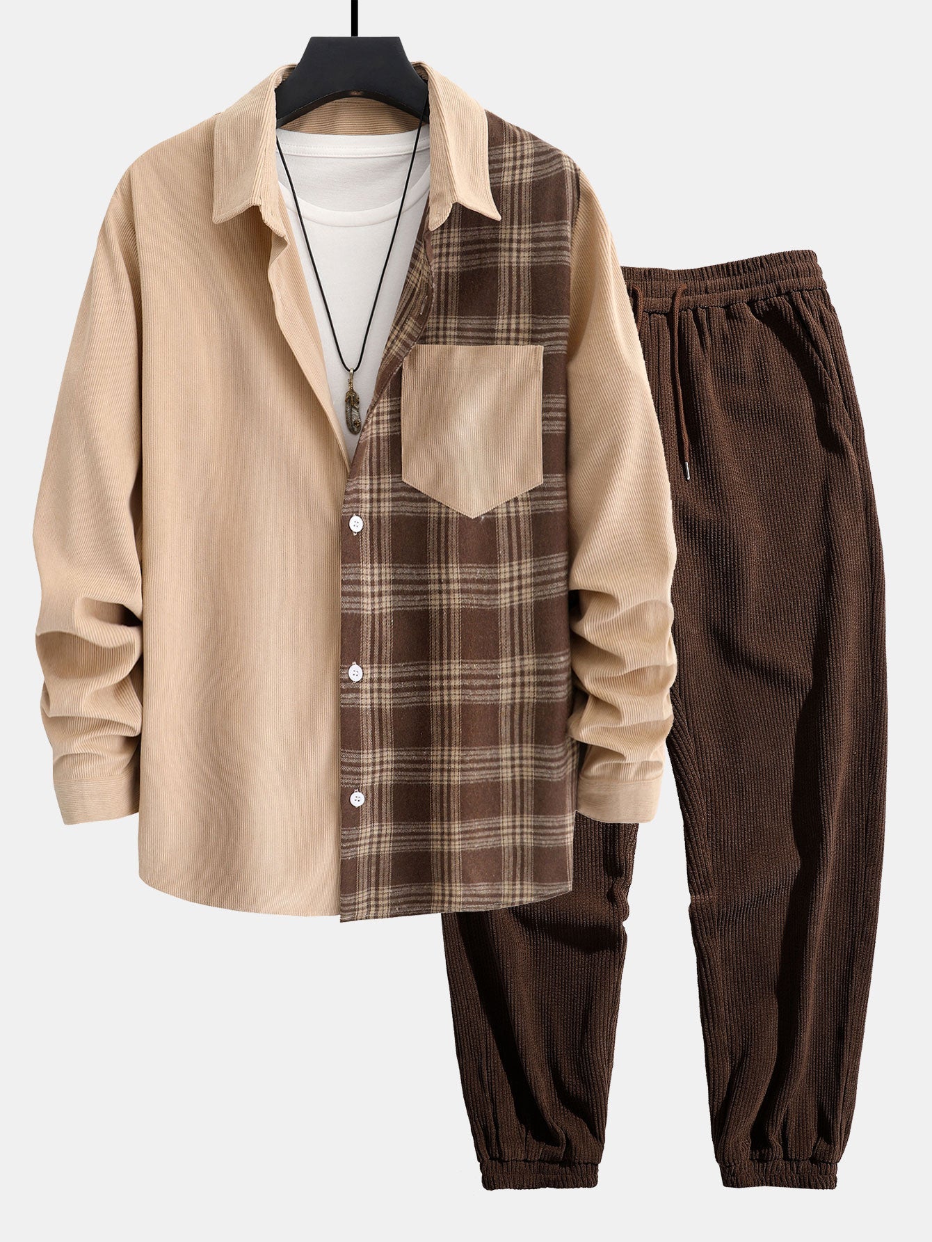 Plaid Corduroy Patchwork Shirt & Corduroy Jogger Pants Set