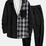 Plaid Corduroy Patchwork Shirt & Corduroy Jogger Pants Set