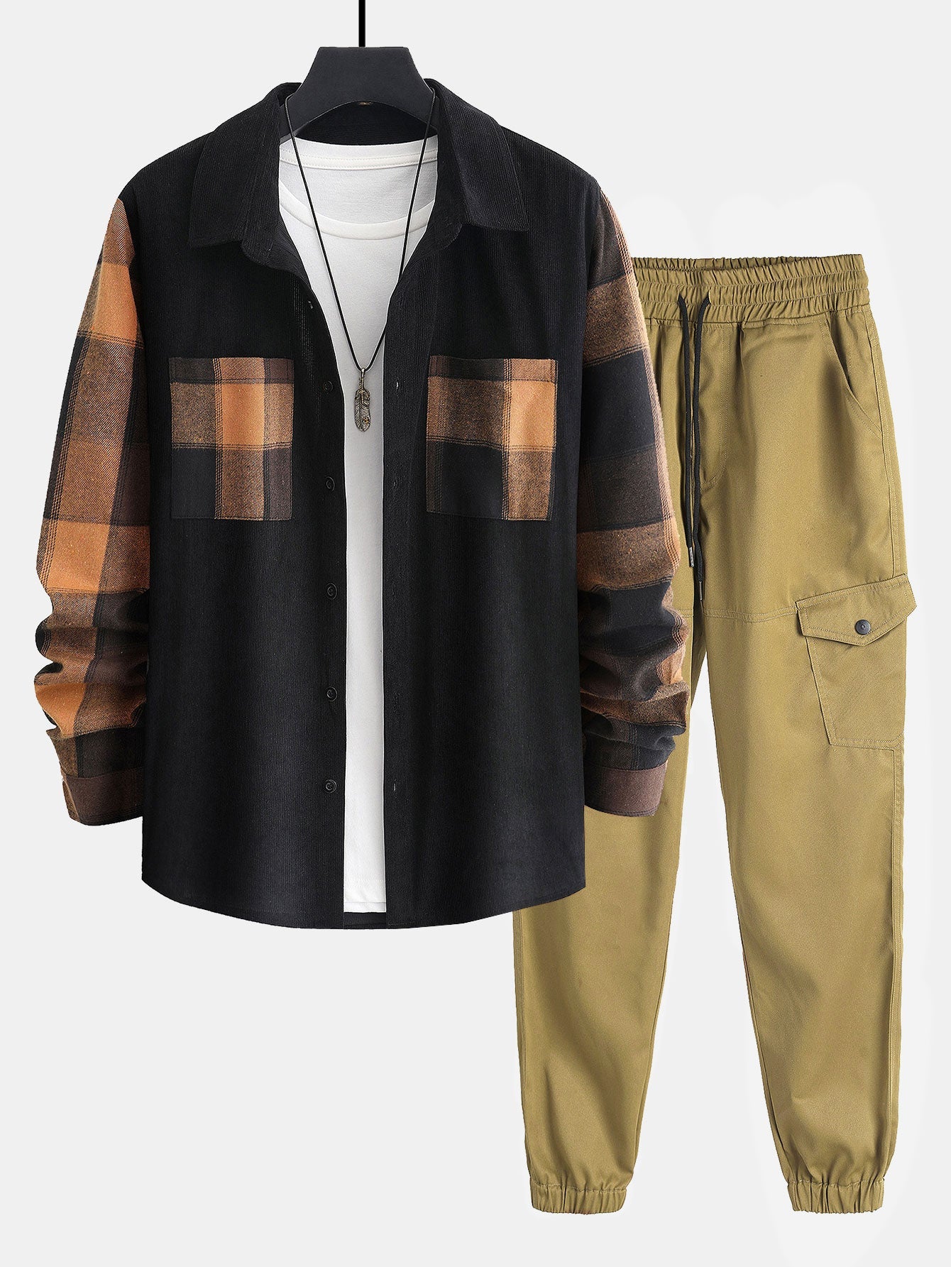 Plaid Corduroy Panel Shirt & Chino Cargo Jogger Pants Set