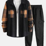 Plaid Corduroy Panel Shirt & Chino Cargo Jogger Pants Set