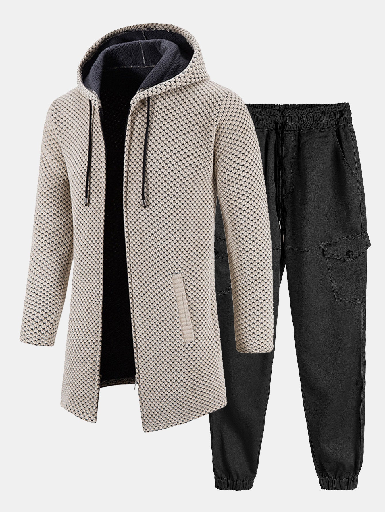 Long Line Textured Hooded Sweater & Chino Cargo Jogger Pants Set