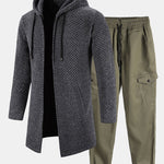 Long Line Textured Hooded Sweater & Chino Cargo Jogger Pants Set