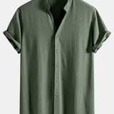 V Neck Linen Rayon Blend Shirt & Crinkle Textured Drawstring 5" Shorts Set