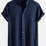 V Neck Linen Rayon Blend Shirt & Linen Blend Drawstring 7" Shorts Set