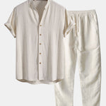 V Neck Linen Rayon Blend Shirt & Straight Leg Linen Pants Set