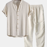V Neck Linen Rayon Blend Shirt & Straight Leg Linen Pants Set