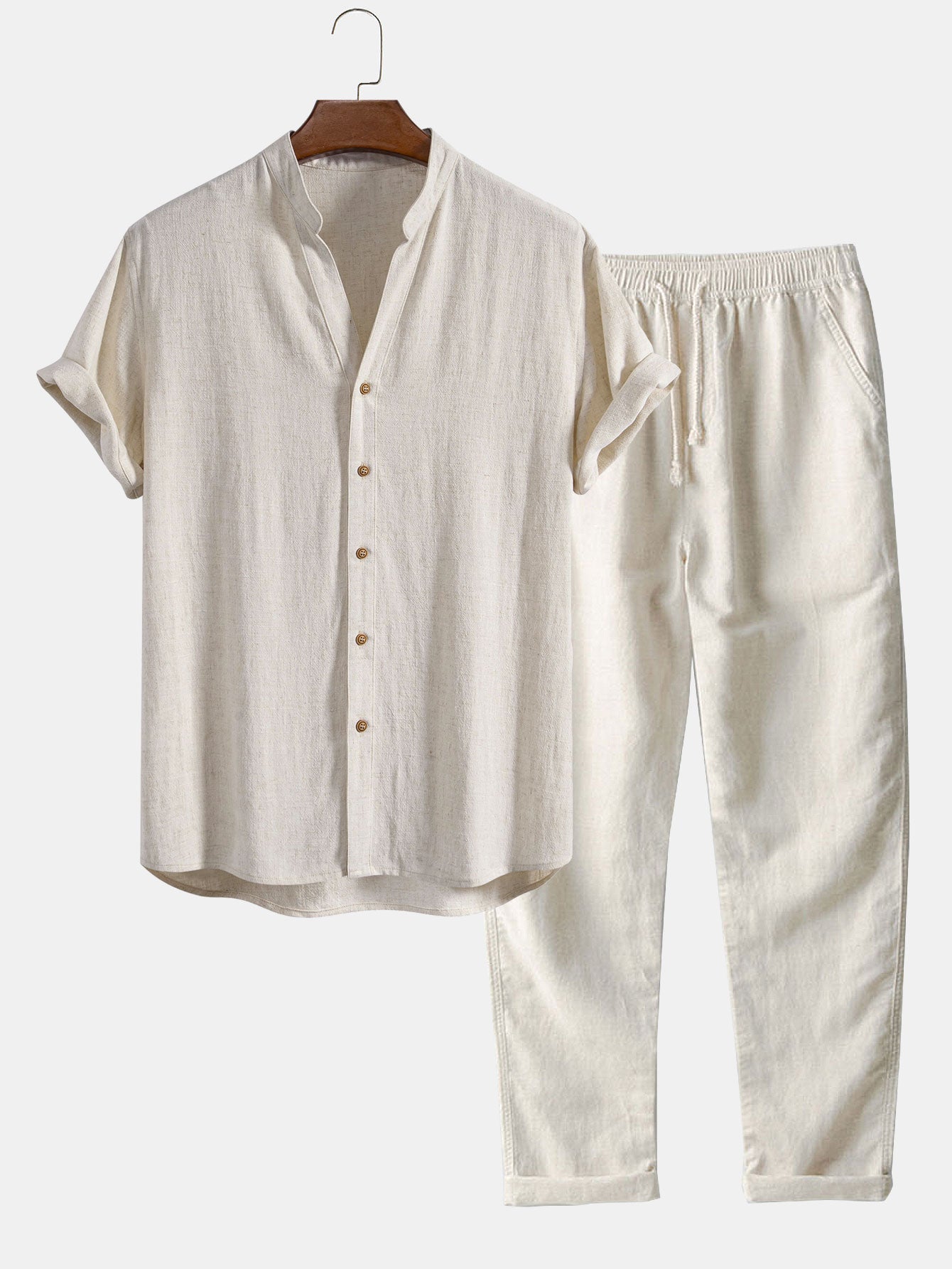 V Neck Linen Rayon Blend Shirt & Straight Leg Linen Pants Set