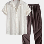 Geometric Jacquard Eyelet Cuban Shirt & Straight Leg Linen Pants Set