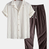 Geometric Jacquard Eyelet Cuban Shirt & Straight Leg Linen Pants Set