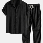 Geometric Jacquard Eyelet Cuban Shirt & Straight Leg Linen Pants Set