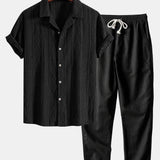 Geometric Jacquard Eyelet Cuban Shirt & Straight Leg Linen Pants Set