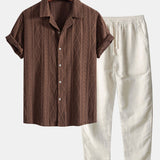 Geometric Jacquard Eyelet Cuban Shirt & Straight Leg Linen Pants Set