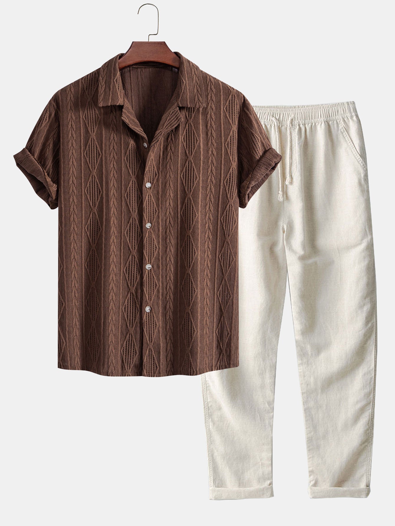 Geometric Jacquard Eyelet Cuban Shirt & Straight Leg Linen Pants Set