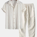 Geometric Jacquard Eyelet Cuban Shirt & Straight Leg Linen Pants Set