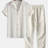 Geometric Jacquard Eyelet Cuban Shirt & Straight Leg Linen Pants Set