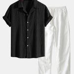 Geometric Jacquard Eyelet Cuban Shirt & Straight Leg Linen Pants Set