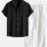 Geometric Jacquard Eyelet Cuban Shirt & Straight Leg Linen Pants Set