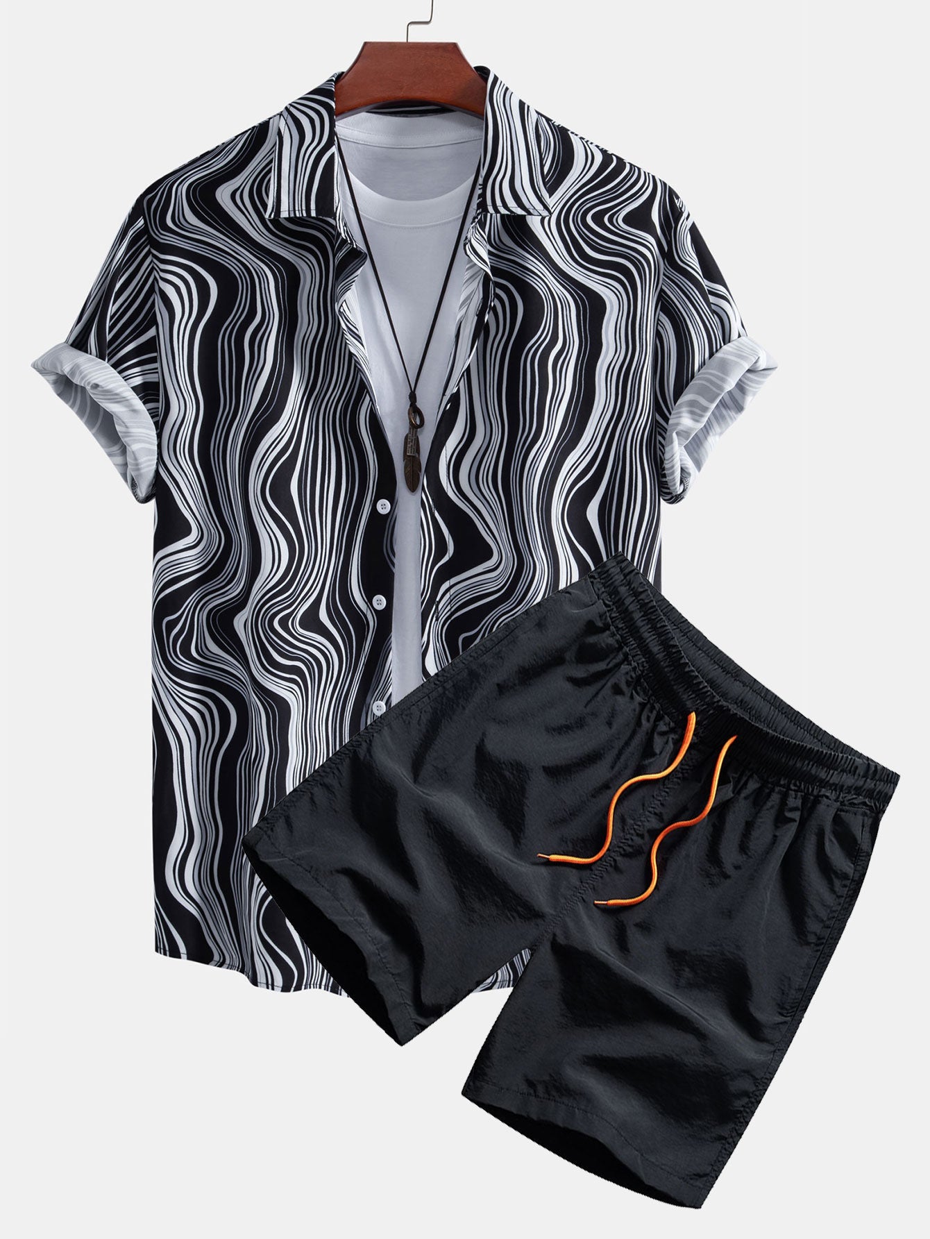 Marble Texture Print Shirt & Swim Shorts Set